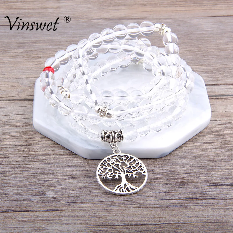 Женское Ожерелье из натурального камня 108 Mala Clear Crystal с очаровательным деревом