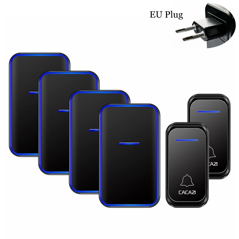 black 2x4 EU CACAZI Smart Wireless Doorbell Waterproof 2 Button 4 Receiver US EU UK AU Plug LED Light Home Welcome Door Bell Calling Chime - Цвет: black 2x4 EU