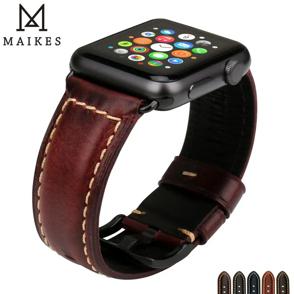 Ремешок для часов MAIKES iWatch 4 зеленый браслет из вощеной коровьей кожи 44 мм 40