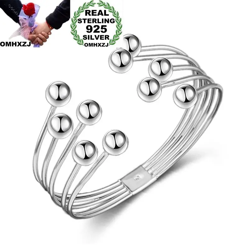 

OMHXZJ Wholesale Personality Fashion OL Woman Girl Gift Silver Open Round Beads 925 Sterling Silver Cuff Bangle Bracelet BR150