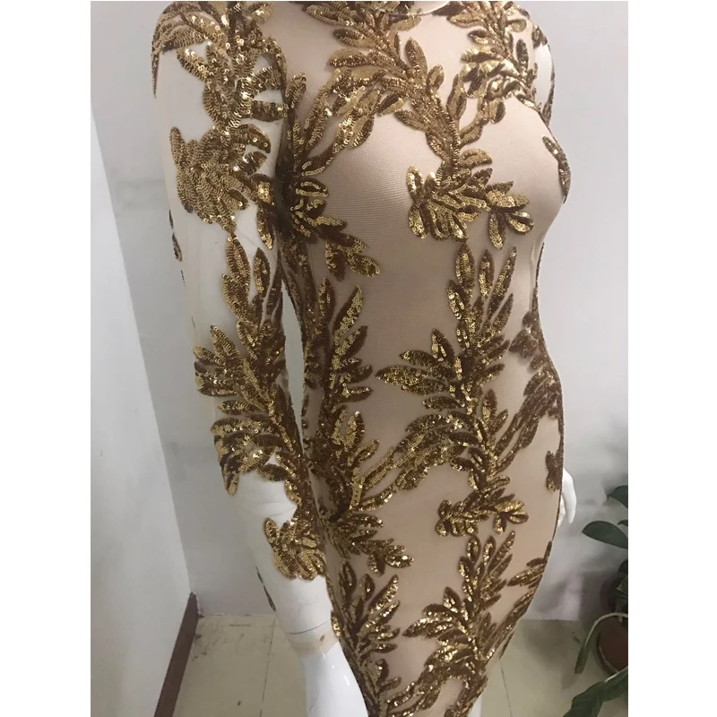 vestidos Женская Клубная одежда с блестками и цветочным принтом Роскошные платья с длинными рукавами Сетчатое Золотое Платье с перьями модная Горячая Распродажа