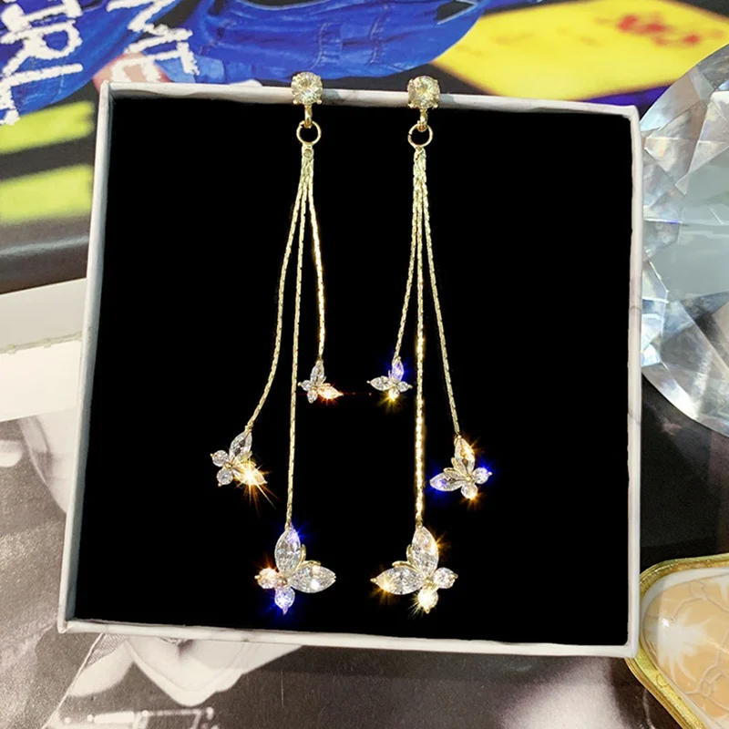 Блестящие три бабочки Кристальные Висячие серьги для женщин Bijoux длинные висячие