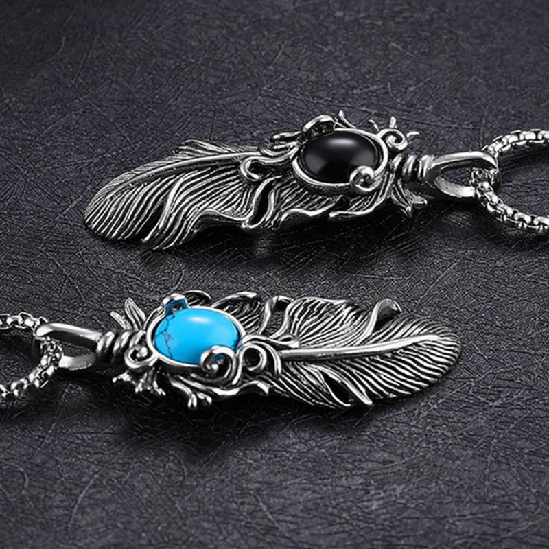Винтажное ожерелье с подвеской из перьев нержавеющей стали в стиле ретро синий и