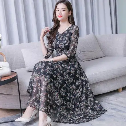 Женское платье с цветочным принтом и v образным вырезом Платье макси коротким