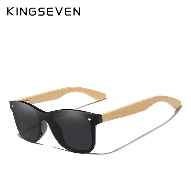 Black Bamboo KINGSEVEN брендовые бамбуковые дужки, поляризационные солнцезащитные очки, мужские классические квадратные очки, модные ретро женские солнцезащитные очки, логотип на заказ - Цвет линз: Black Bamboo