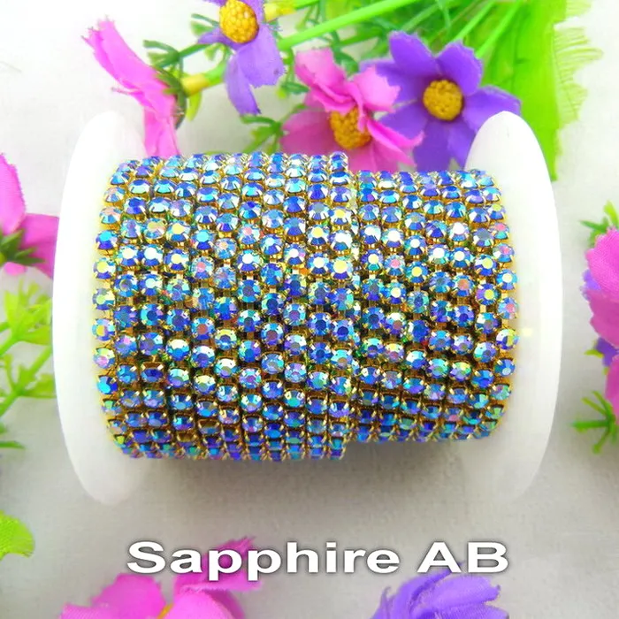 A2 Sapphire AB 5 ярдов/рулон золотых чашек высокой плотности AB цвета ss6 2 мм SS8 2,5 мм SS10 2,8 мм SS12 3 мм стразы на цепочке для пришивания клея на отделке - Цвет: A2 Sapphire AB