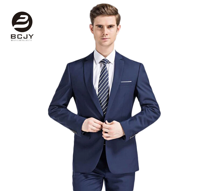 Синие мужские облегающие костюмы из 2 предметов свадебные с отворотом на одной