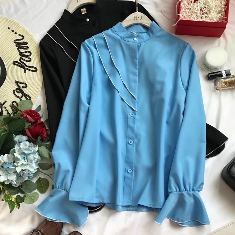 Neploe 2019 Modis Solid Single Breasted Blouse Casual Loose Stand Collar Women Shirt Spring Autumn Fashion Chiffon Top 69656 |