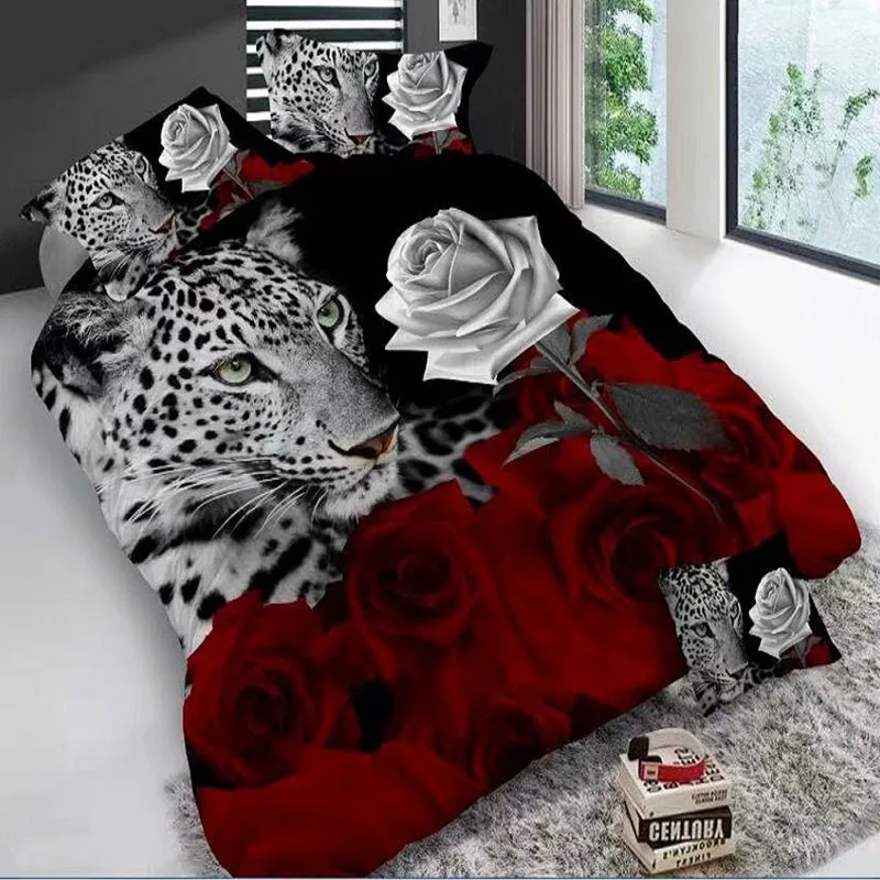 leopard rose 3D печать симпатичное животное постельное белье наволочка простыня пододеяльник полиэстер постельные принадлежности поставка мягкий удобный комплект постельного белья - Цвет: leopard rose