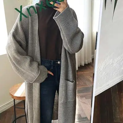 2 Xnxee модный длинный женский кардиган Модный Harajuku Свободный вязаный свитер женский повседневный черный негабаритный жакет осеннее пальто - Цвет: 2