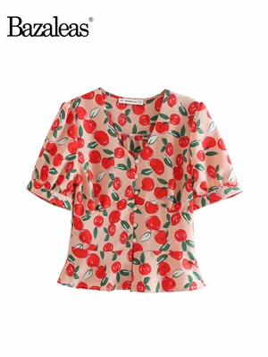 BB11 cream cherries Bazaleas Франция кремовая вишня принт blusas винтажная женская блузка тонкие центральные значки blusa feminina Модные Топы Прямая - Цвет: BB11 cream cherries