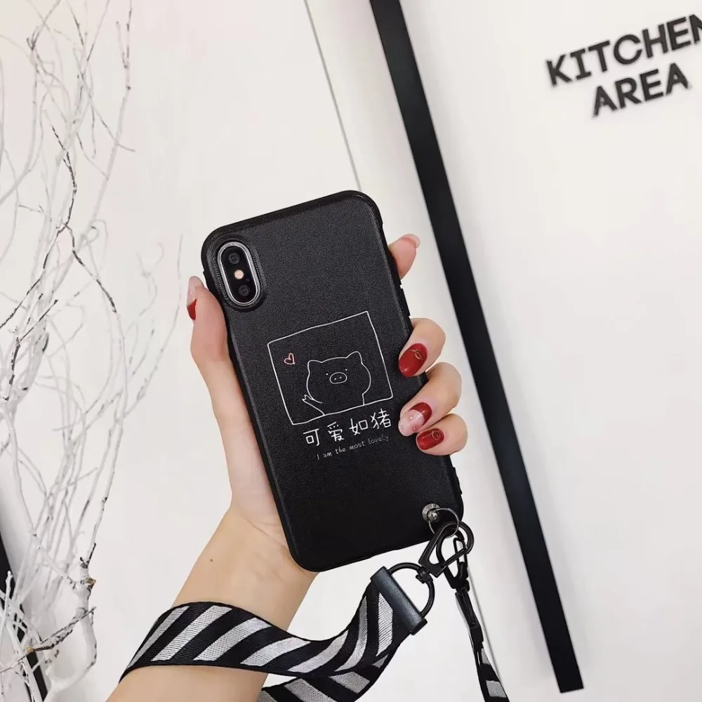 ORYKSZ 3D Cartoon Pig Patterned Phone Case For iPhone 7 Hang Rope Soft Cases Back Cover Coque iPhoneX 8 6 6s plus |