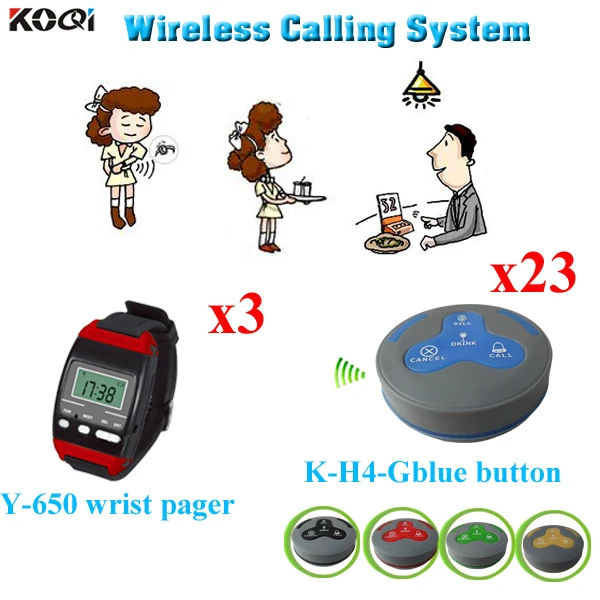 

Wireless Calling System Restaurant Call Button Transmitter Waiter Call Bell Equipment 3pcs Watch Pager Y-650 With 23pcs K-H4