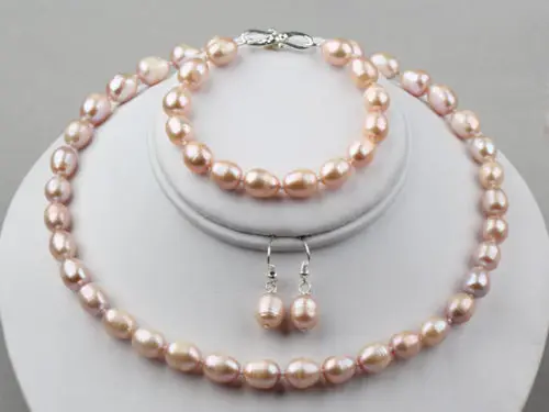 Натуральный розовый рис пресноводный жемчуг ожерелье браслет серьги набор S