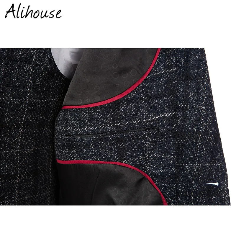 Черный Твид жениха Смокинги для женихов Для мужчин заказ плед Нарядные Костюмы