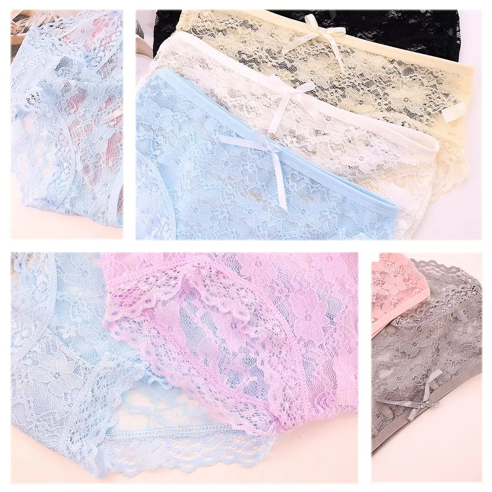 

Fashion Sexy Hollow Low Waist Underpanties Breathable Floral Bow Full Lace Briefs Women Underwear Girl Panties Lingerie Briefs