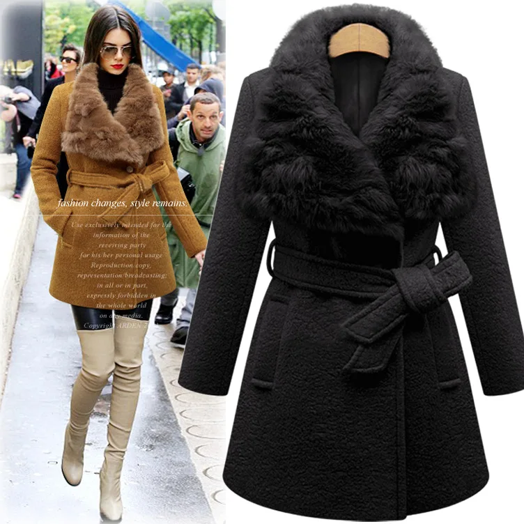 2016 Новая Зимняя Большой Кролик Шерстяное Пальто Воротник С Длинными Талии Xl мода