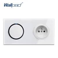 Wallpad L6 1 Gang 1 Way 2 Way Light Switch with French Wall Socket Electric Power Outlet White Glass Panel Frame 172 x 86