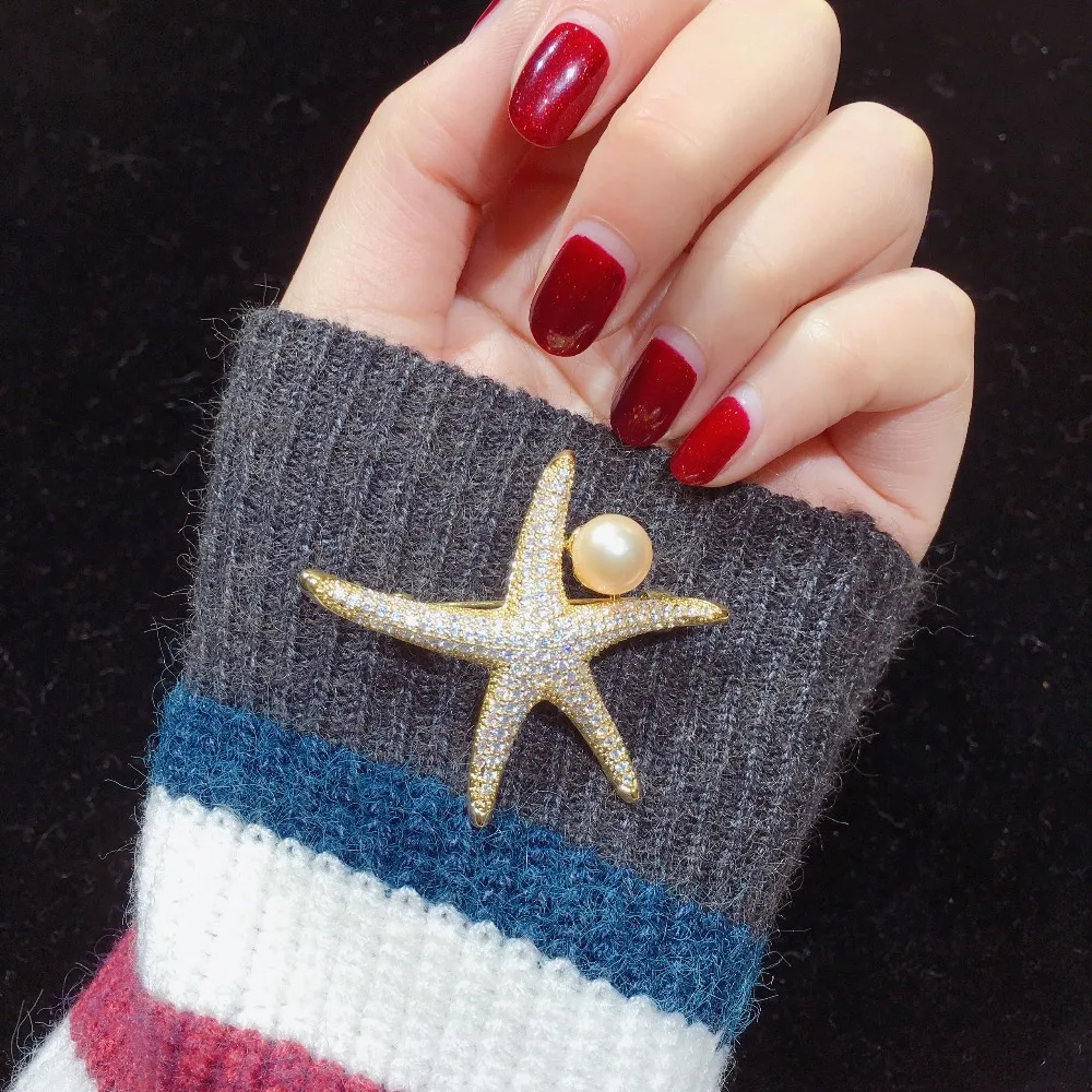 ZHBORUINI High Quality Natural Freshwater Pearl Brooch Fine Zircon Micro Insert Starfish Jewelry For Women Not Fade | Украшения и