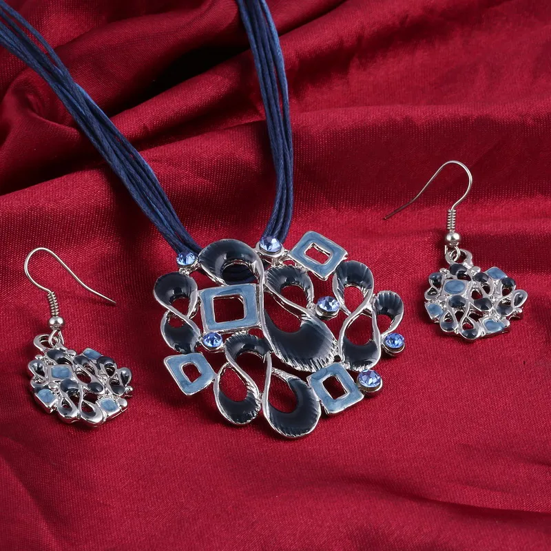 Эмалированное серебряное геометрическое ожерелье серьги набор восковая веревка