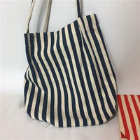 stiped canvas tote reusable cotton women storage shopping bag fabric cotton cloth beach string handbags