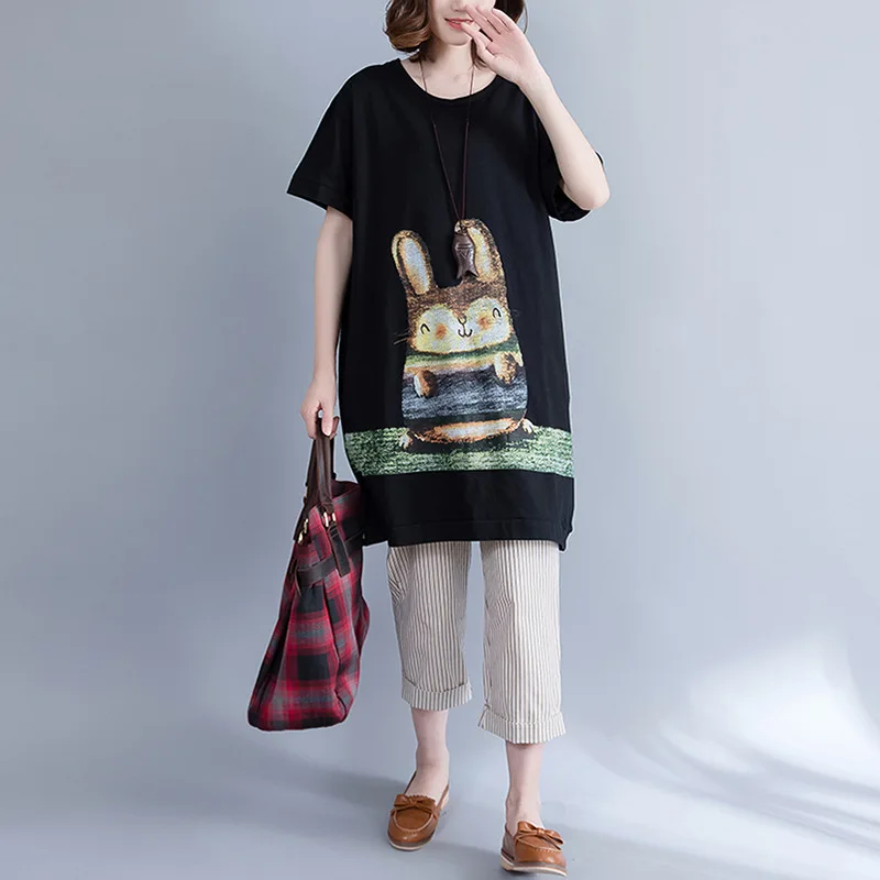 Кролик печати Большие размеры женские футболки длинные с короткими рукавами