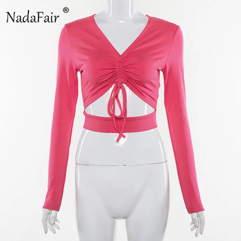 Nadafair V шеи длинный рукав Топ Для женщин на шнуровке шнурок неоновая футболка в