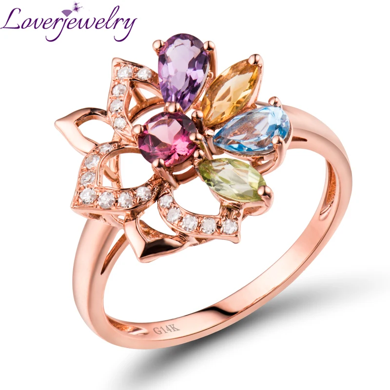 

LOVERJEWELRY Colorful Tourmaline, Peridot, Amethyst, Topaz Ring Real 14K Rose Gold Natural Diamond Beautiful Jewelry for Girl