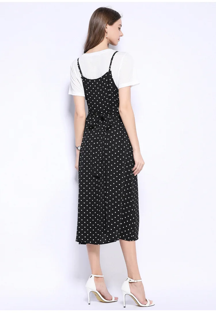 

French style big size sundress strap dress set pinched waist casual vestidos female polka dot sarafan tank dress Plus sizeL-5XL