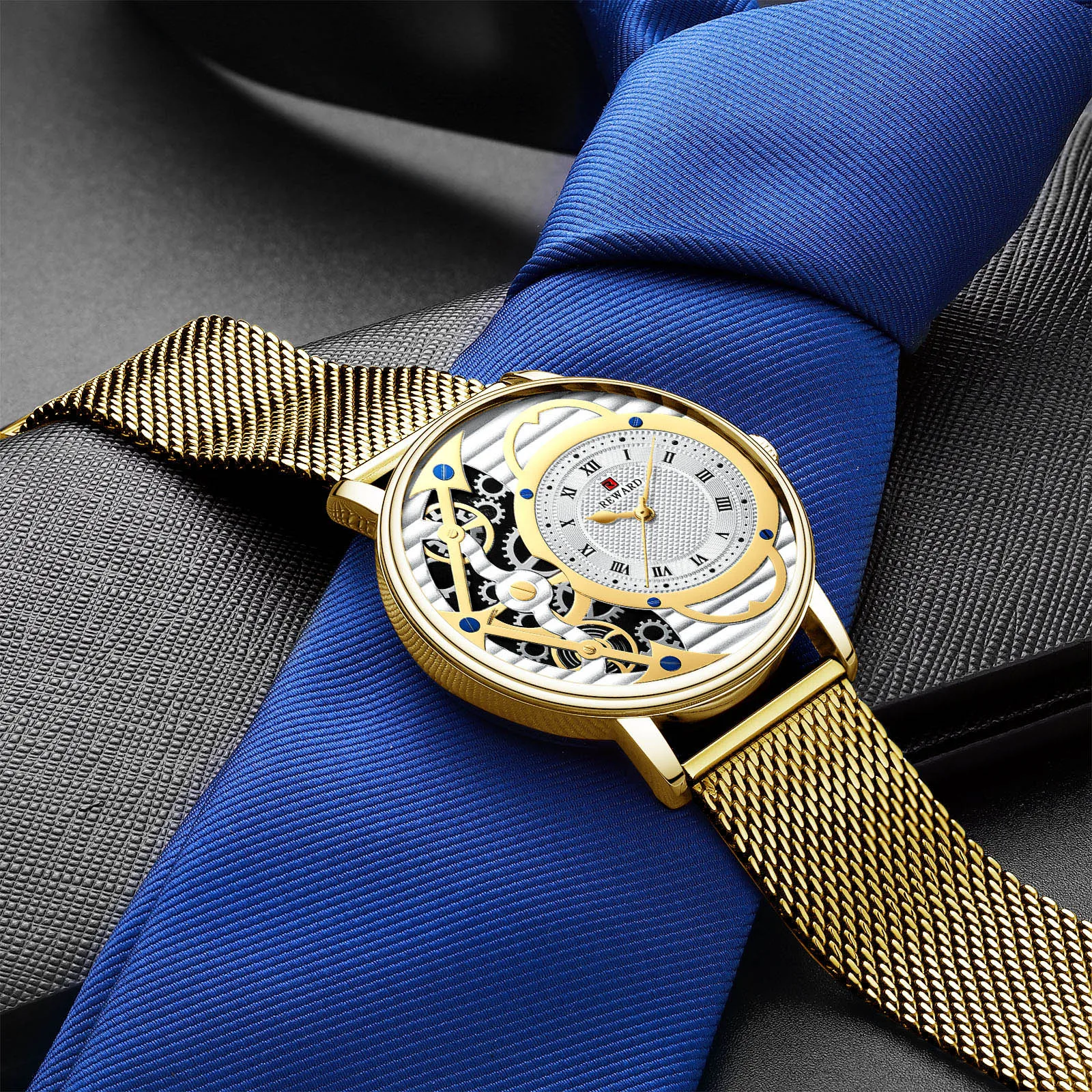 Награда золотые часы мужские роскошные брендовые кварцевые с сетчатым ремешком