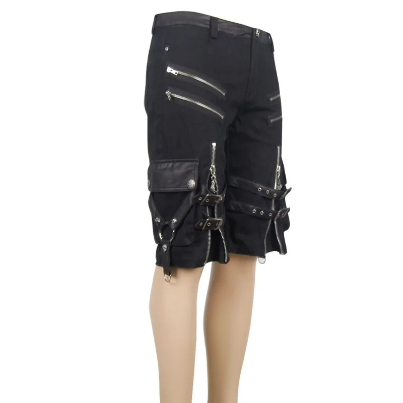 

Steampunk Halloween Party Pants Men's Cool Zipper Design Black Casual Mid Waist Shorts Fashion Personality Loose Men Knee shorts