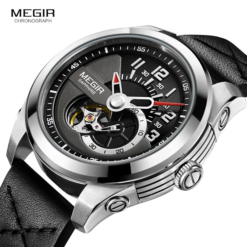 

MEGIR механические часы для мужчин, черный кожаный ремешок, скелет, автоматические наручные часы, мужские роскошные брендовые водонепроницаемые наручные часы 62050