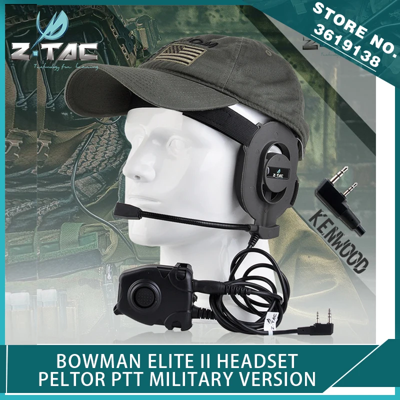 

Z-Tactical Airsoft Bowman Elite II Headset with Kenwood Wearable Earphone Hunting Pin Peltor PTT Push To Talk for Military Radio