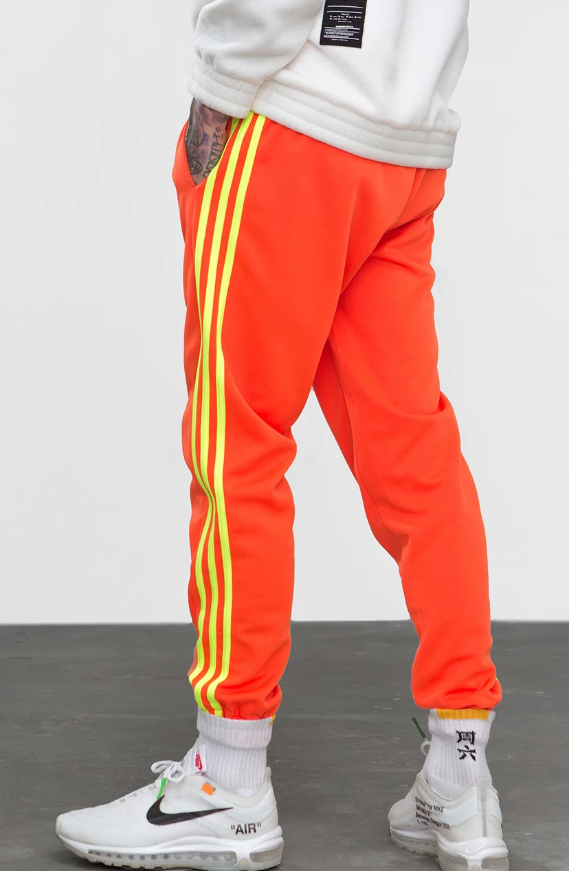 F/W Новые спортивные штаны с боковой полосой и эластичной талией, мужские и женские модные спортивные штаны для бега, черные и оранжевые спортивные штаны High Street