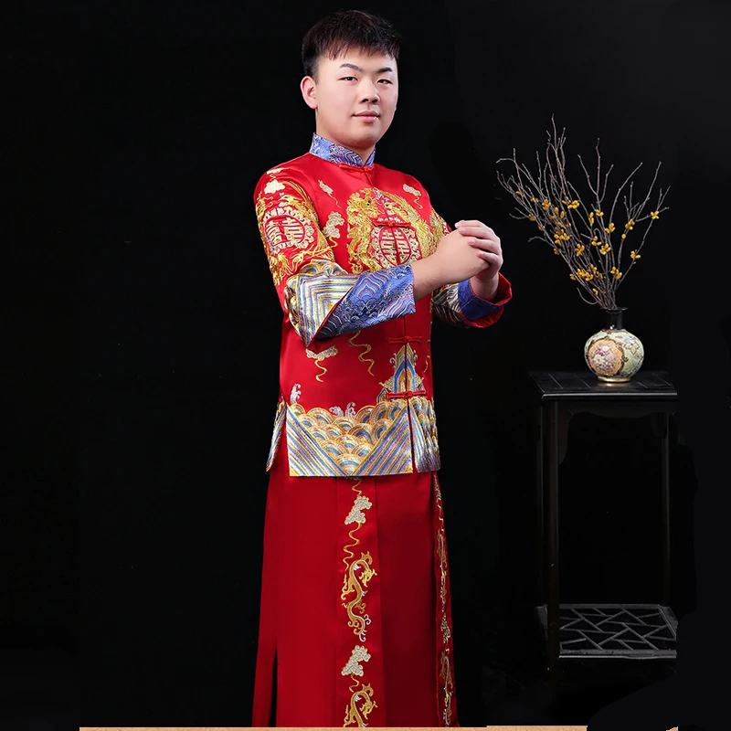 Мужской красный cheongsam тост костюмы жениха платье куртка длинное Традиционный