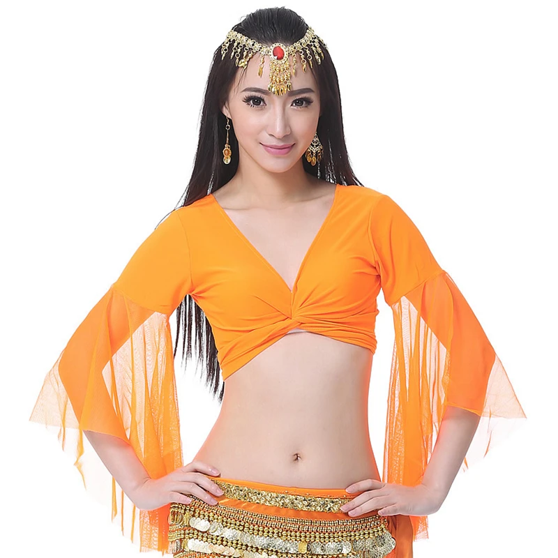 Женский топ для танца живота 12 цветов с расклешенными рукавами и V образным