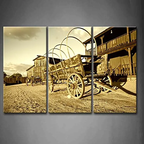 3 Панели настенное искусство Дикий Запад ковбойский город с фургоном картины