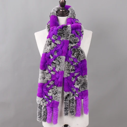 GREY AND PURPLE Женский Настоящий мех кролика, длинные шарфы, женские зимние теплые натуральный мех кролика Рекс, вязаные шарфы с кисточками, клетчатые шали из натурального меха - Цвет: GREY AND PURPLE