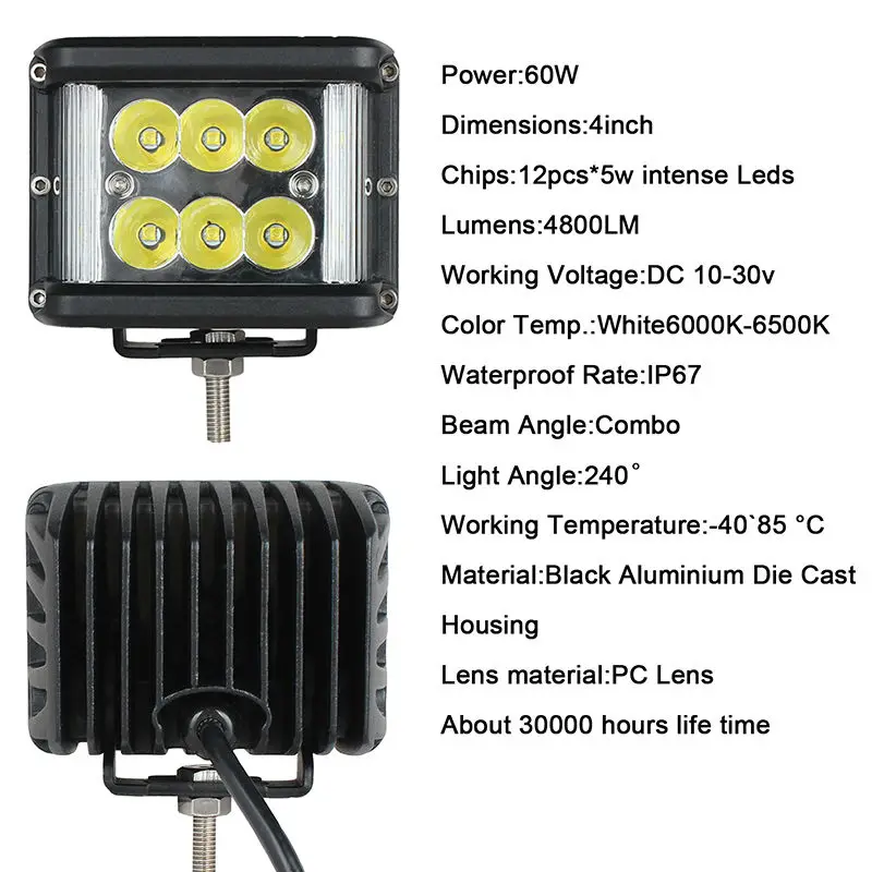 2 шт. 4 дюйма 60 Вт комбинированный светодиодный рабочий свет прожекторы