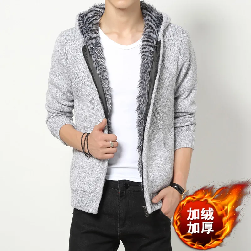 Свитер с капюшоном вязаные из грубой шерсти мужской бархатный утепленный