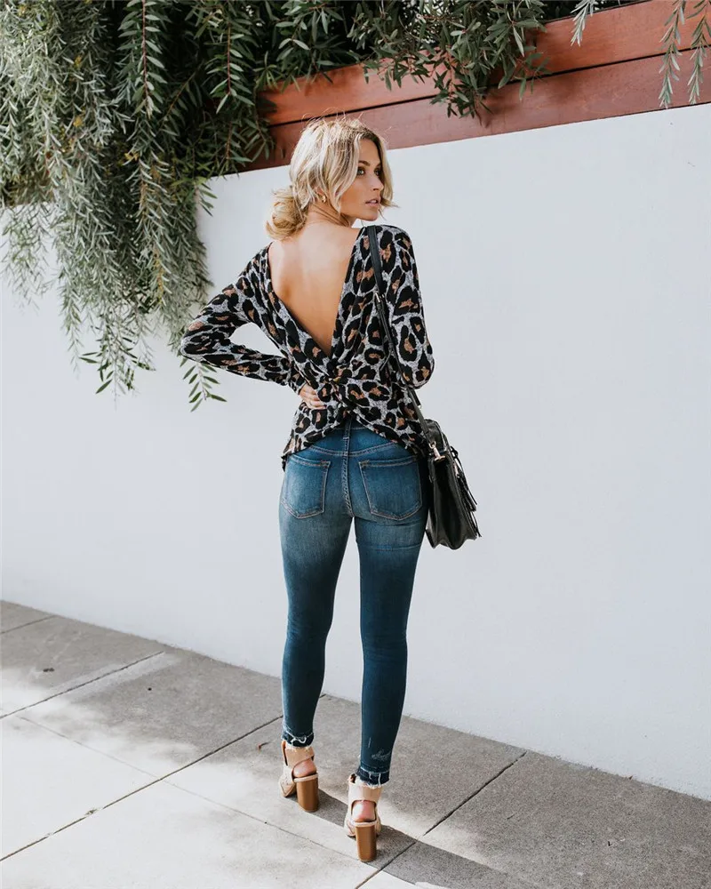 2019 Крест Leopard Женская толстовка с принтом Sexy Back Low пуловер вырезом Демисезонный