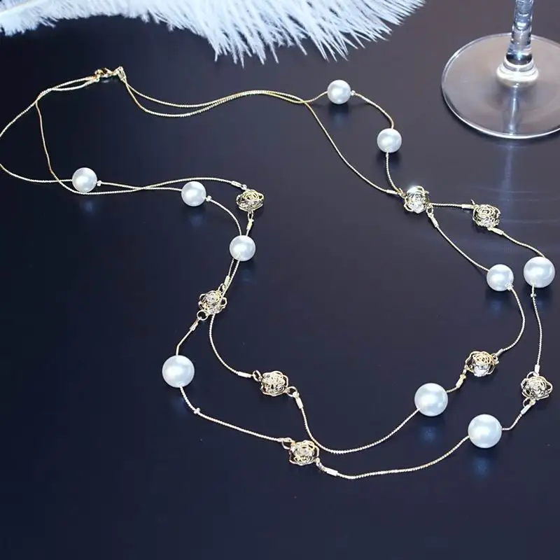 

Double Layers Crystal Beads Long Necklace Women Bijoux New Fashion Simulated Pearl Jewelry Fine Gifts For Mother Ladies Party