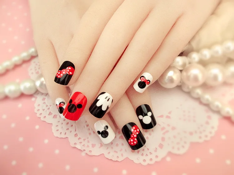 red mickey 24 шт коричневый пресс на поддельные ногти с милой картонной конструкцией короткие Kawaii накладные ногти искусственные ногти с клеем, стикер - Цвет: red mickey