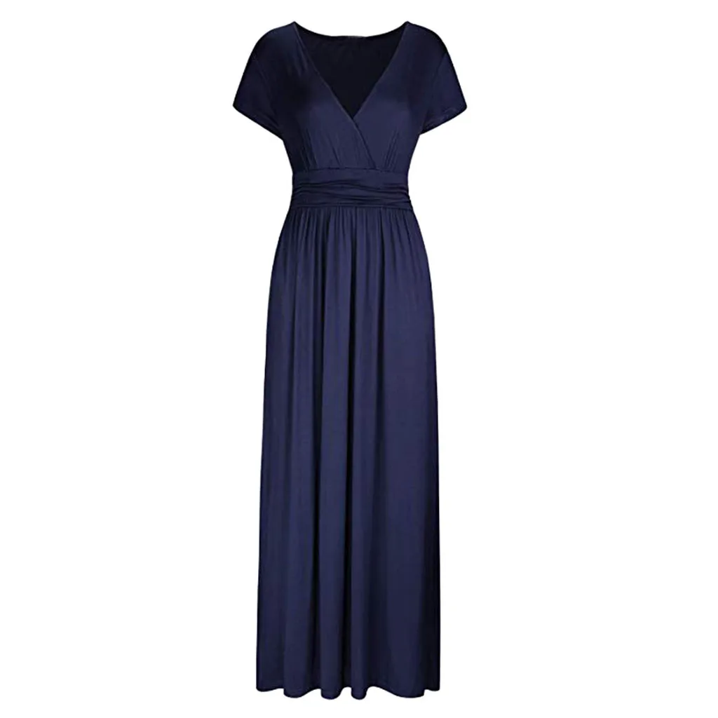 Женское платье макси с v образным вырезом и коротким рукавом повседневное