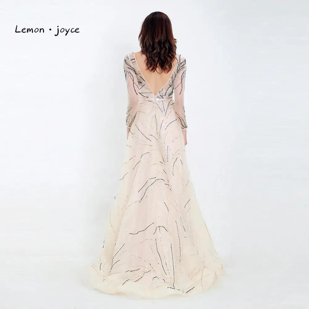 Lemon joyce Formal Evening Dresses with Long Sleeves O-neck Illusion A-Line Prom Dress Party Gowns Plus Size