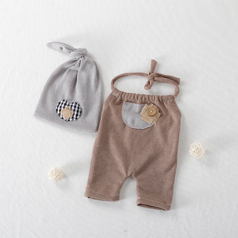 Newborn Boy Photography Outfit Sewn Baby Sleeping Hat Set Handmade Romper Photo Prop Clothes Infant Overalls |