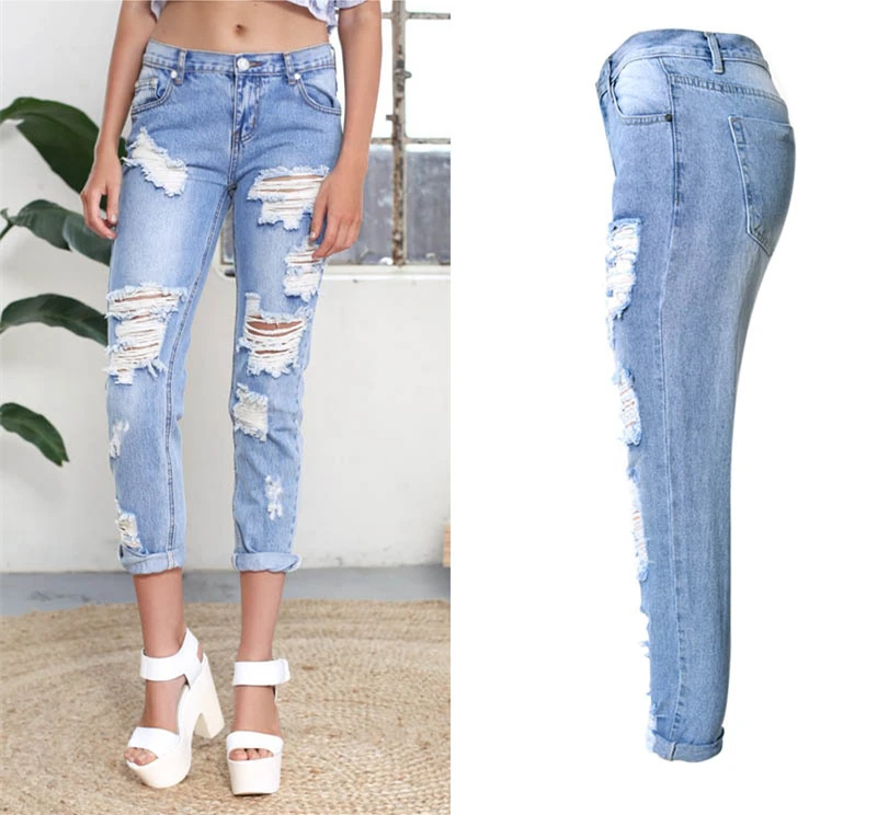 Hot Sale Regular Straight Casual Blue Plus Size Hole Ripped Women's jeans with Min Waist Zipper Pants Buttom Full Length Trouser |