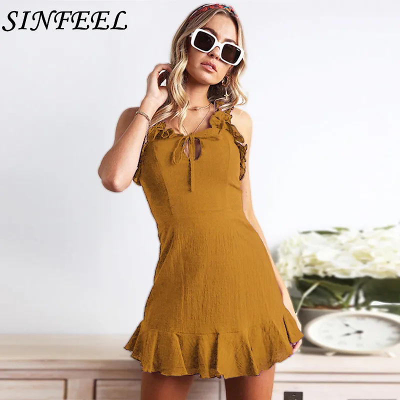 

2019 Summer Sexy Dress Women Backless Cross Drawstring Ruffles Sleeveless Spaghetti Strap Mini Dress Summer Vintage Vestidos