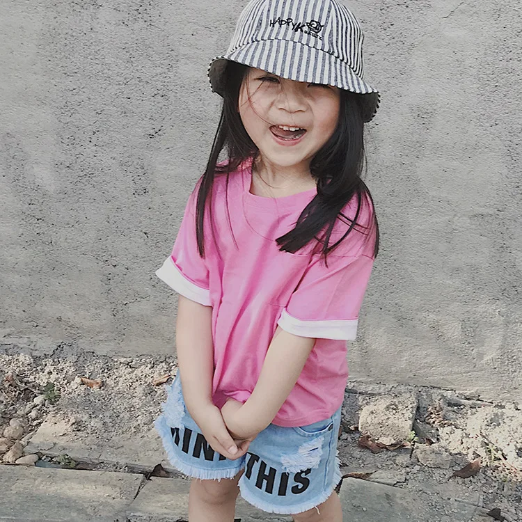 

Оптовая продажа, футболки для мальчиков и девочек, детская хлопковая Однотонная футболка, модная дизайнерская Повседневная футболка с карм...