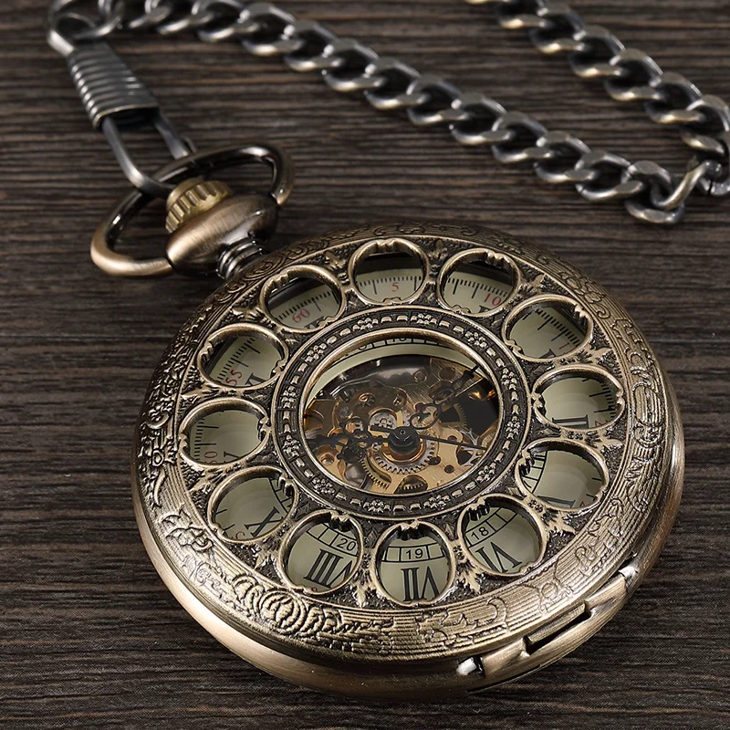 Retro Bronze Steampunk Men  Mechanical Hand-wind Pocket Watch Hollow Roman Dial Skeleton Clock FOB Waist Chain Pocket Watch Gift